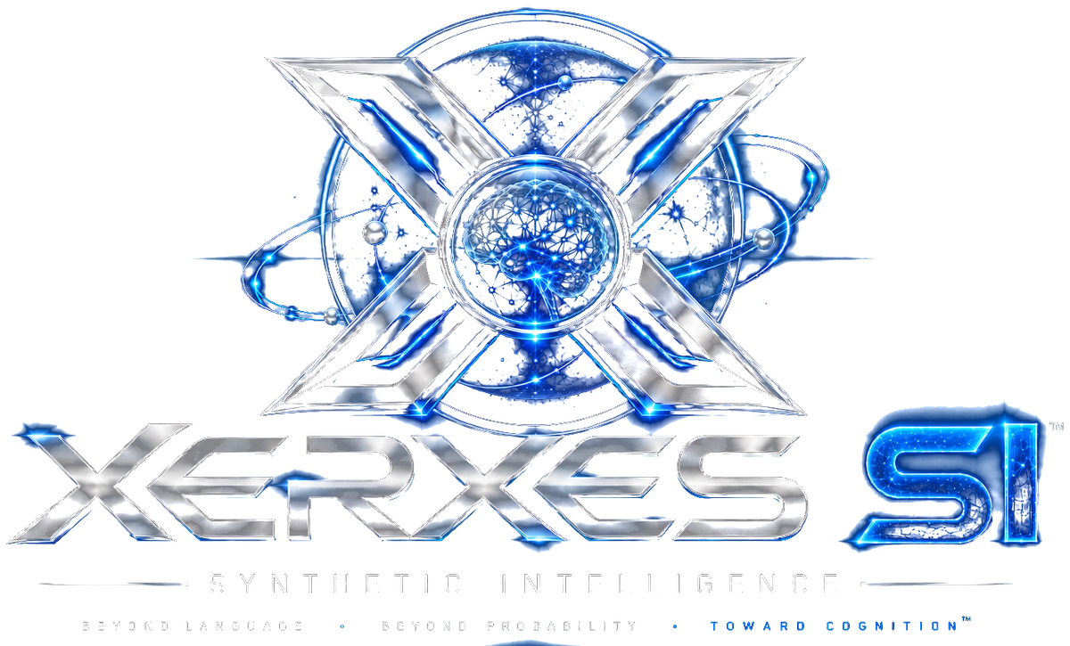 XERXES SI logo: a metallic X surrounding a luminous synthetic-neural core with the words XERXES SI and Synthetic Intelligence